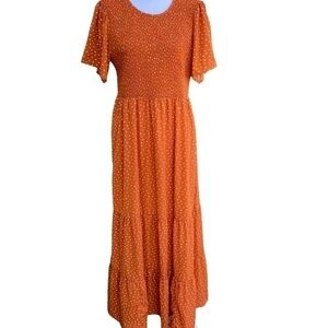Kranda Floral Tiered Boho Cottage Core Maxi Rust Dress Elastic On Bodice L NWT‎